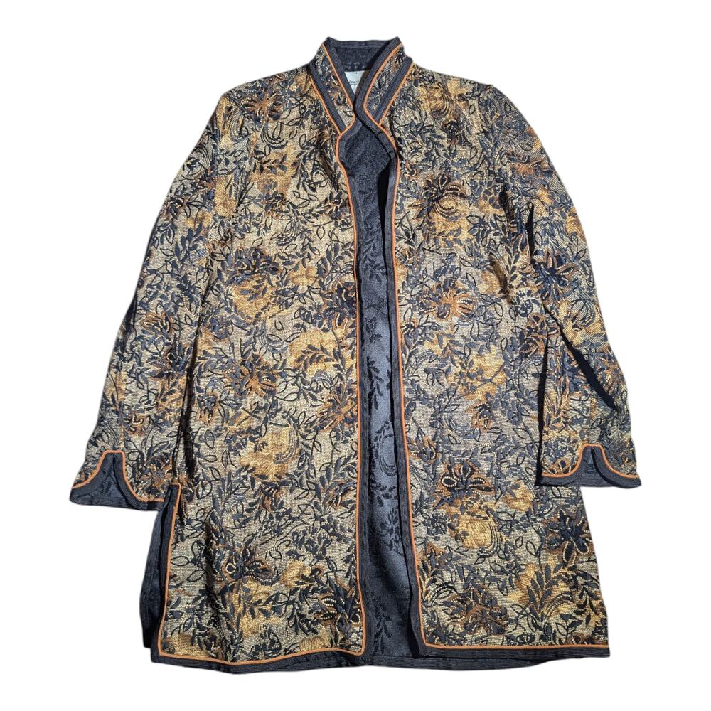 Vtg Y2K Coldwater Creek Black Beige Floral Tapestry Open Front Mandarin Jacket M